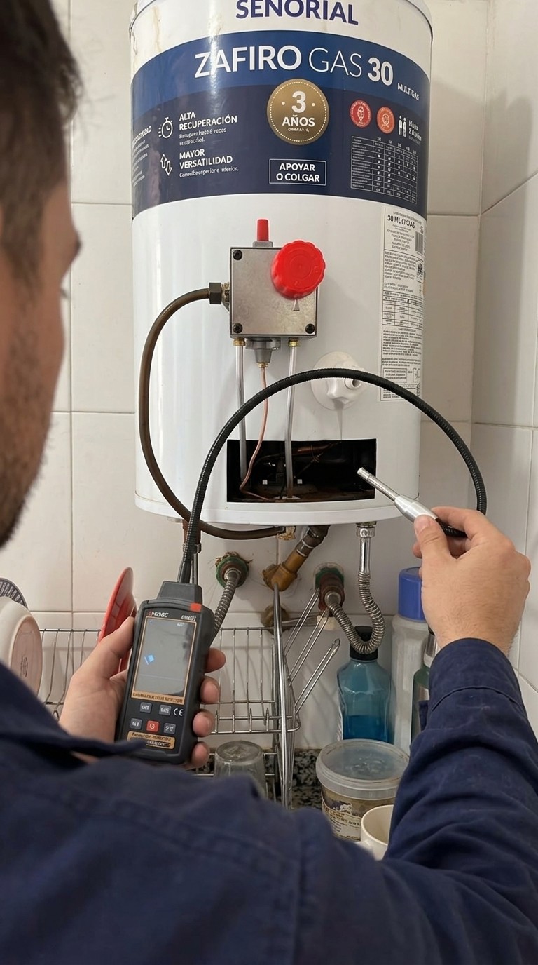 Profesional controlando con un detector de gas las conexiones de un termotanque a gas