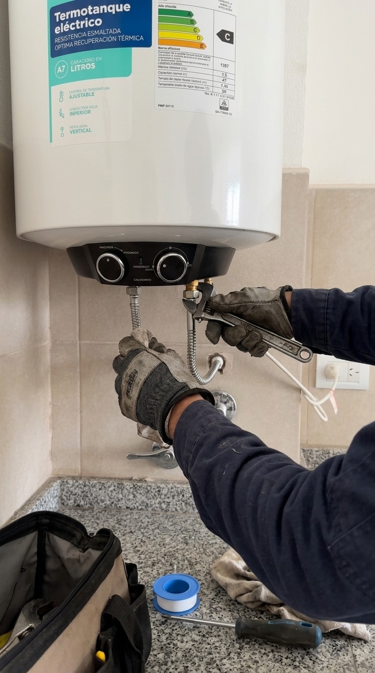 Profesional ajustando las conexiones de agua de un termotanque eléctrico